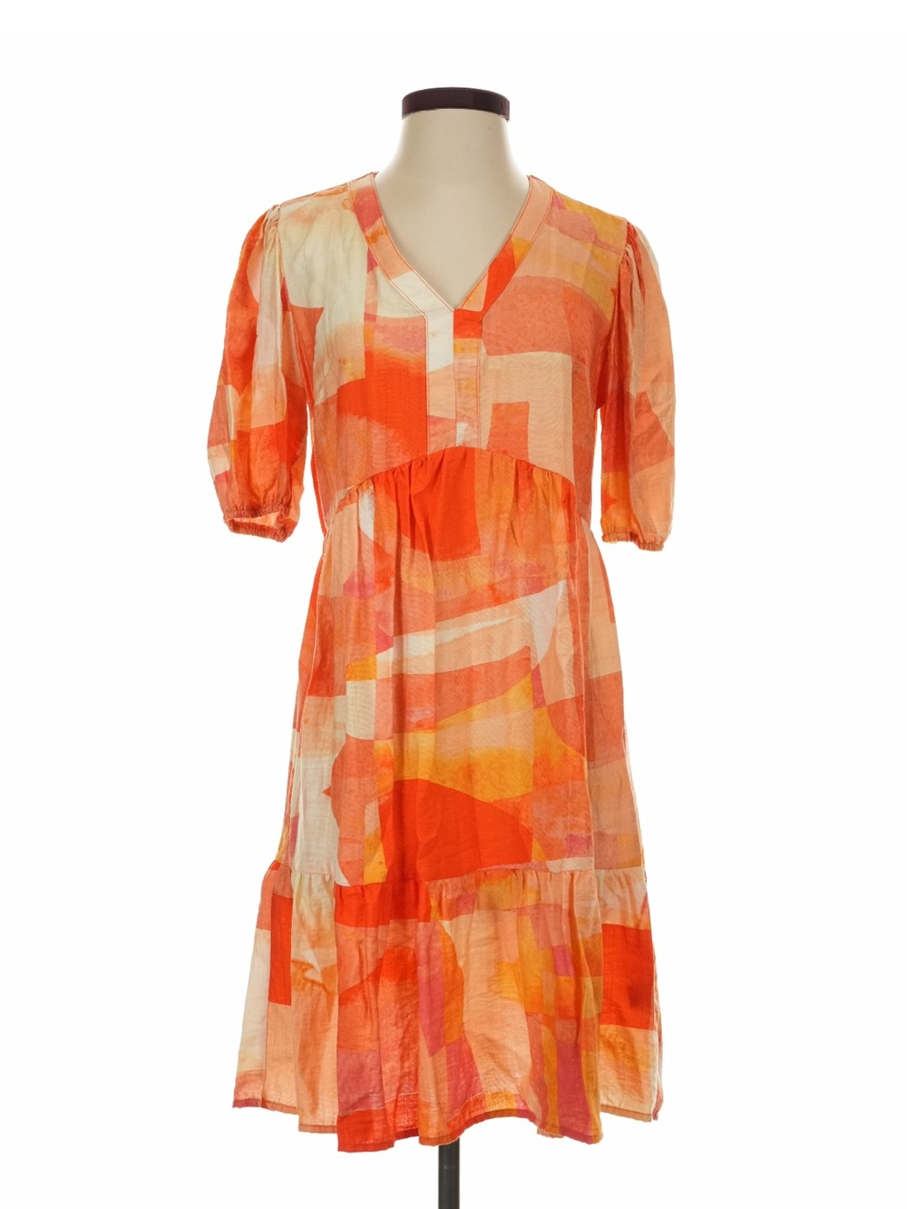 Mlle Gabrielle Orange Cream Abstract Tiered Midi Dress